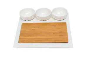 Bambusa un keramikas augļu ēdienu uzkodu plāksnīšu komplekts